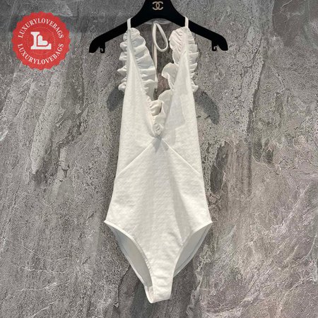 Chanel White Falbala One-Piece Swimsuit