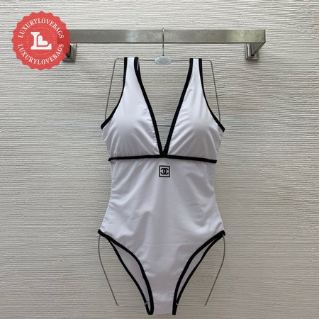 Chanel White V-Neck One-Piece Swimsuit