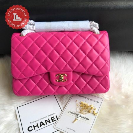 Chanel Classic Double Flap Quilted Lambskin Gold-tone Jumbo Pink