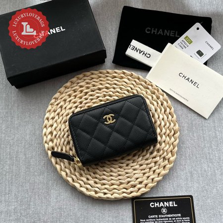 Chanel Zip Coin Purse Quilted Caviar Gold-tone Black