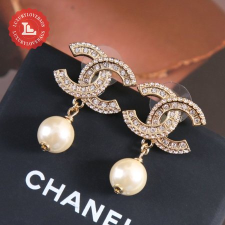 Chanel CC Drop Earrings Crystal Pearl Gold