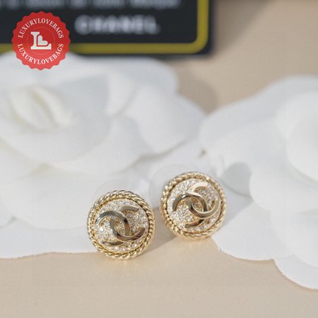 Chanel Double C Round Full Diamond Stud Earrings