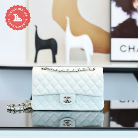 Chanel Classic Flap Shoulder Bag White Silver