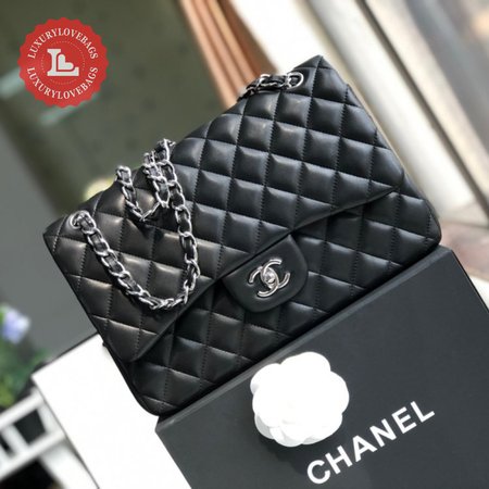 Chanel Classic Double Flap Quilted Lambskin Silver-tone Jumbo Black