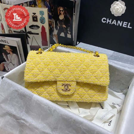 Chanel Yellow Tweed And Leather Double Flap Bag