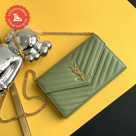 Saint Laurent Monogram Embossed Light Sage Leather Chain Wallet