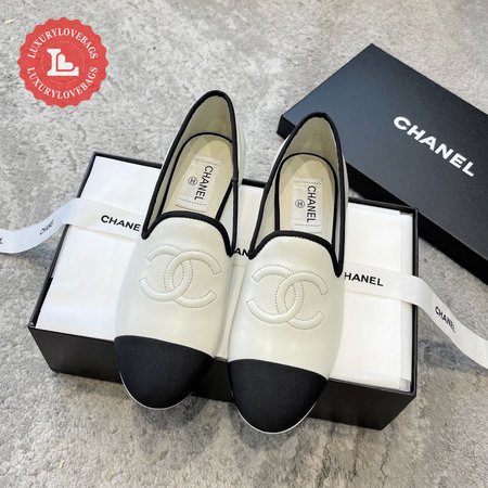 Chanel CC Loafers White Black Lambskin