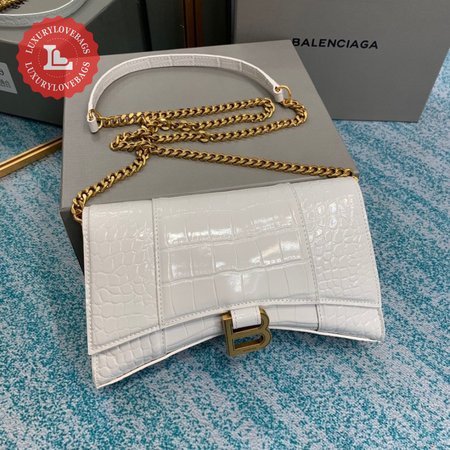 Balenciaga Hourglass Wallet On Chain Crocodile Embossed In White 9016