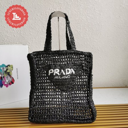 Prada Raffia Tote Bag Black 1BG393