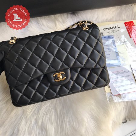 Chanel Classic Double Flap Quilted Lambskin Gold-tone Jumbo Black