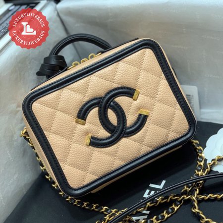 Chanel CC Filigree Vanity Case Quilted Diamond Large Beige/Black