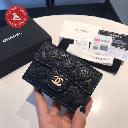 Chanel Card Holder Quilted Caviar Gold-tone Black