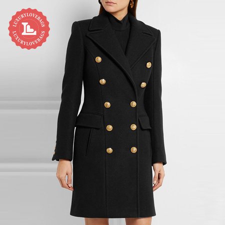 Balmain Black Double Breasted Gold Button Wool Coat