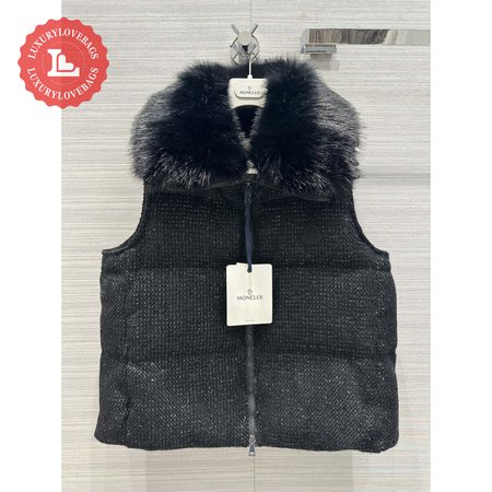 Moncler Carrelet Fur-Collar Tweed Vest Black Women's