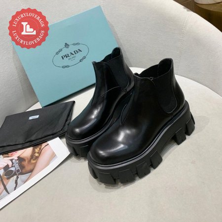 Prada Monolith Brushed Leather Chelsea Boots Black 35-40