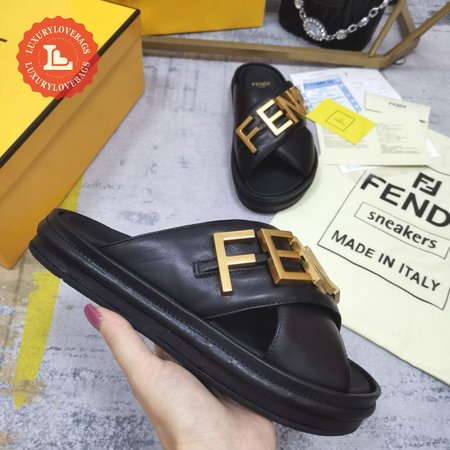 Fendigraphy Black Leather Slides 35-45