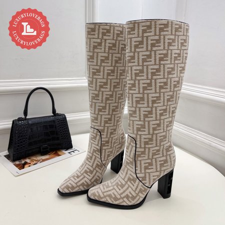 Fendi Cut High-Heeled Dove Gray FF Chenille Boots 35-39