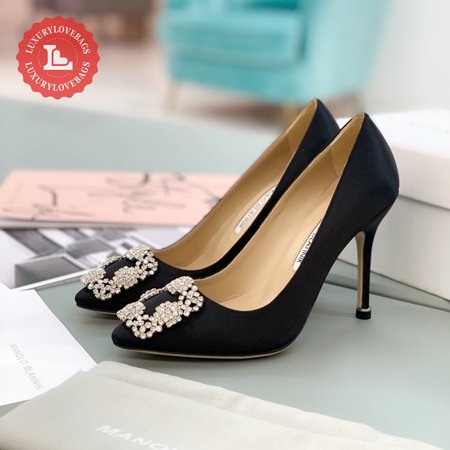 Manolo Blahnik Hangisi Black Satin Jewel Buckle Pumps 35-39