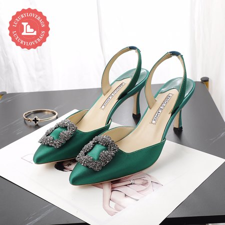 Manolo Blahnik Green Satin Jewel Buckle Slingback Pumps 35-42